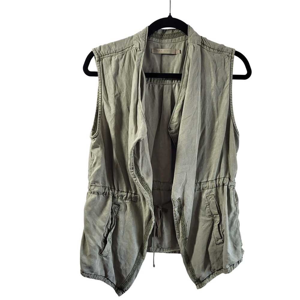Max Jeans Womens Olive Green Tencel Drape Front Utility Vest Size M Drawstring